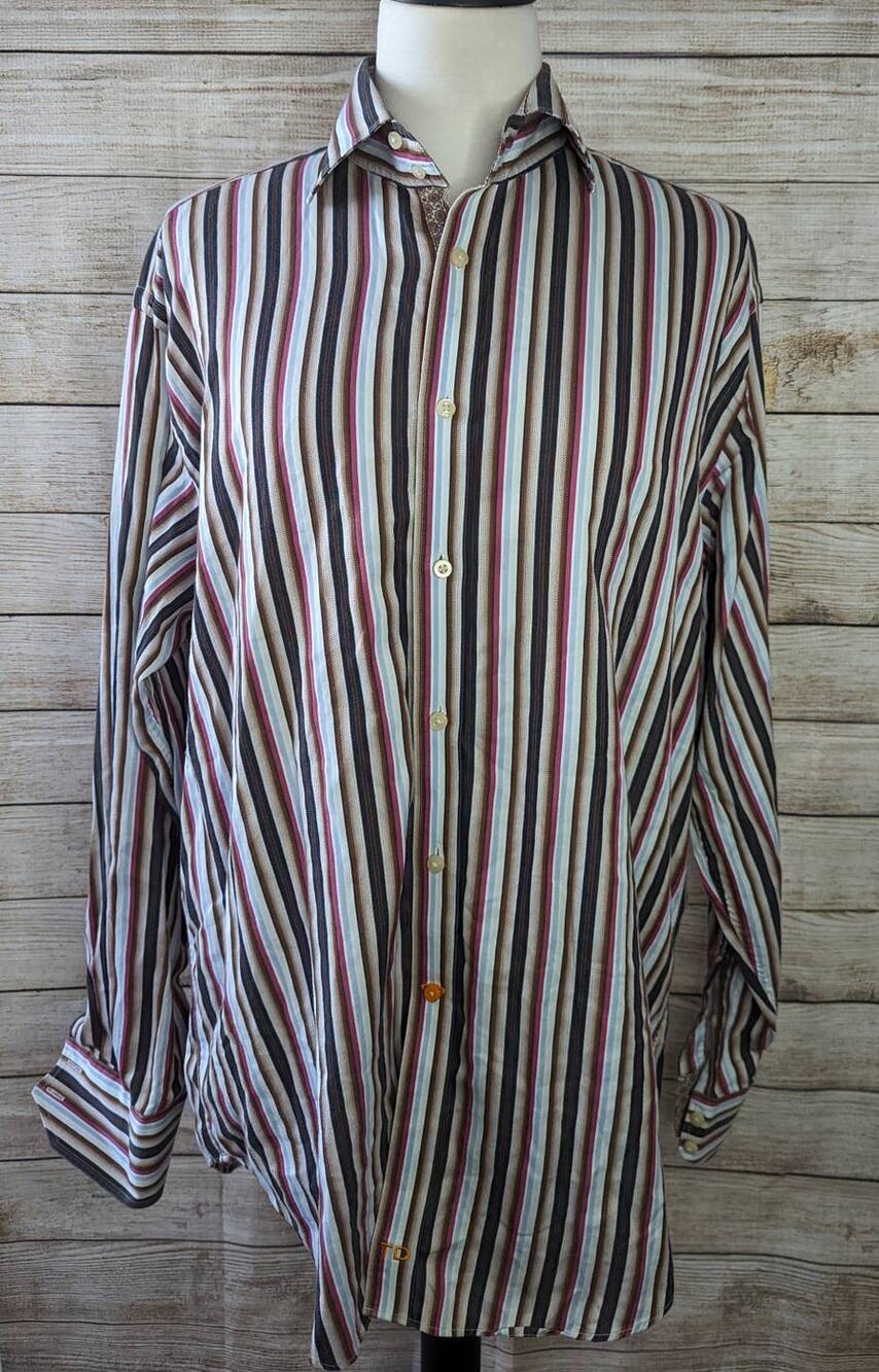 Thomas Dean Men's Large Striped Multi Color Button Up Shirt